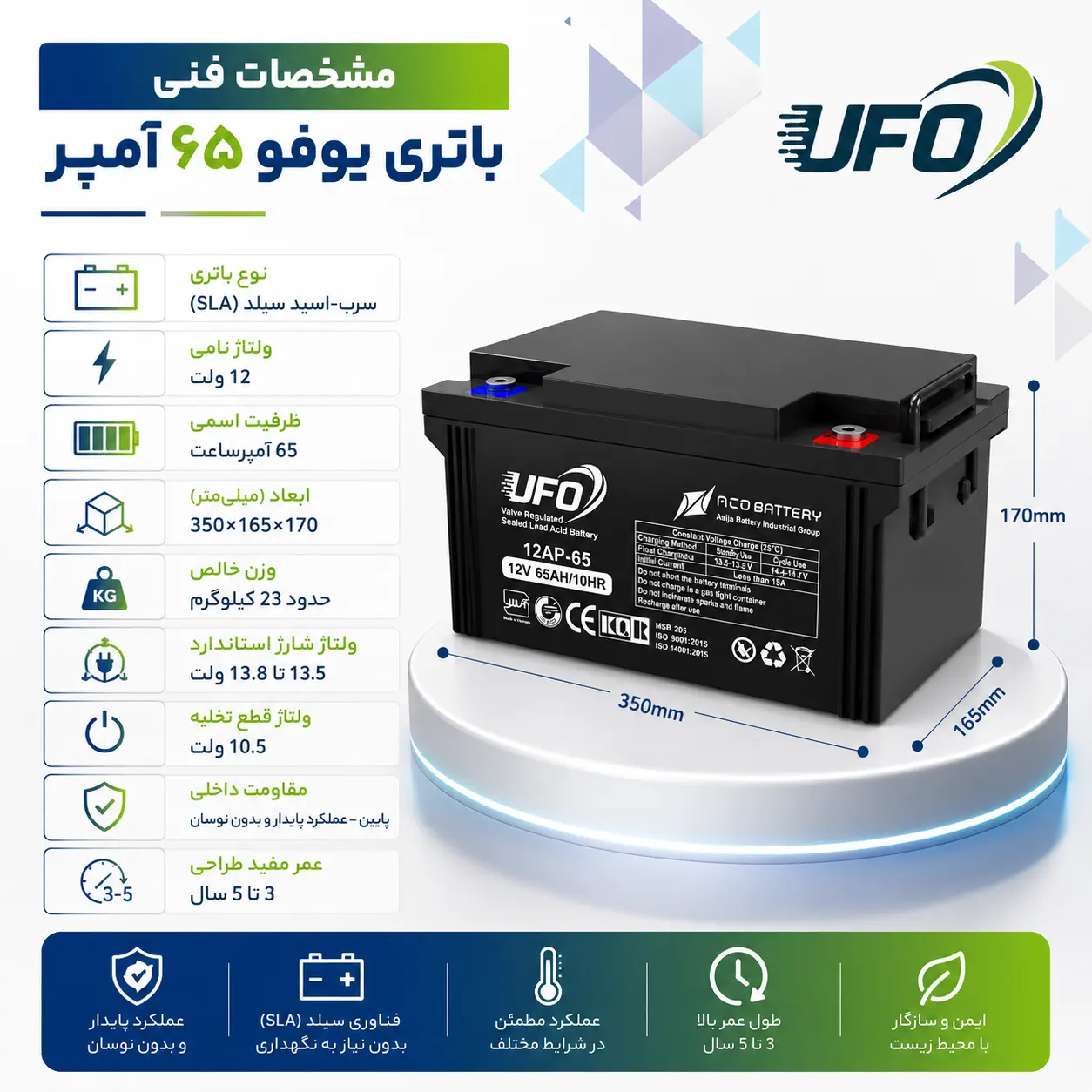 باتری 12 ولت 65 آمپر یو پی اس یوفو 15 مشخصات فنی باتری یوفو 65 آمپر