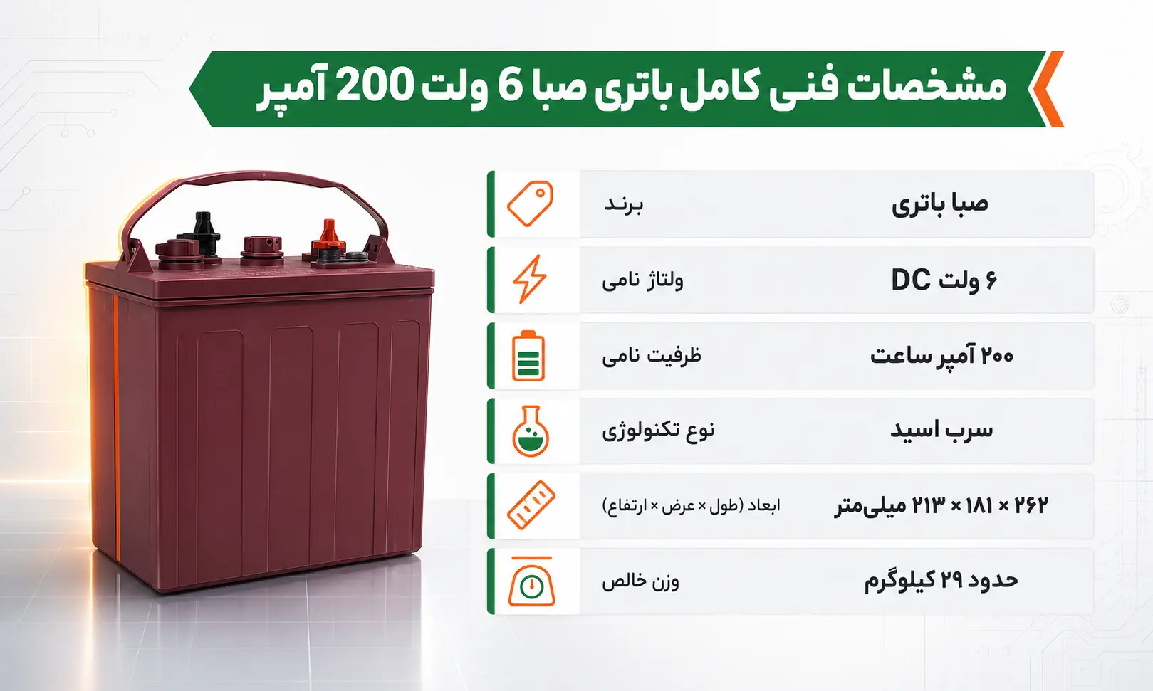 باتری 6 ولت 200 آمپر صبا باتری 8 باتری 6 ولت 200 آمپر صبا