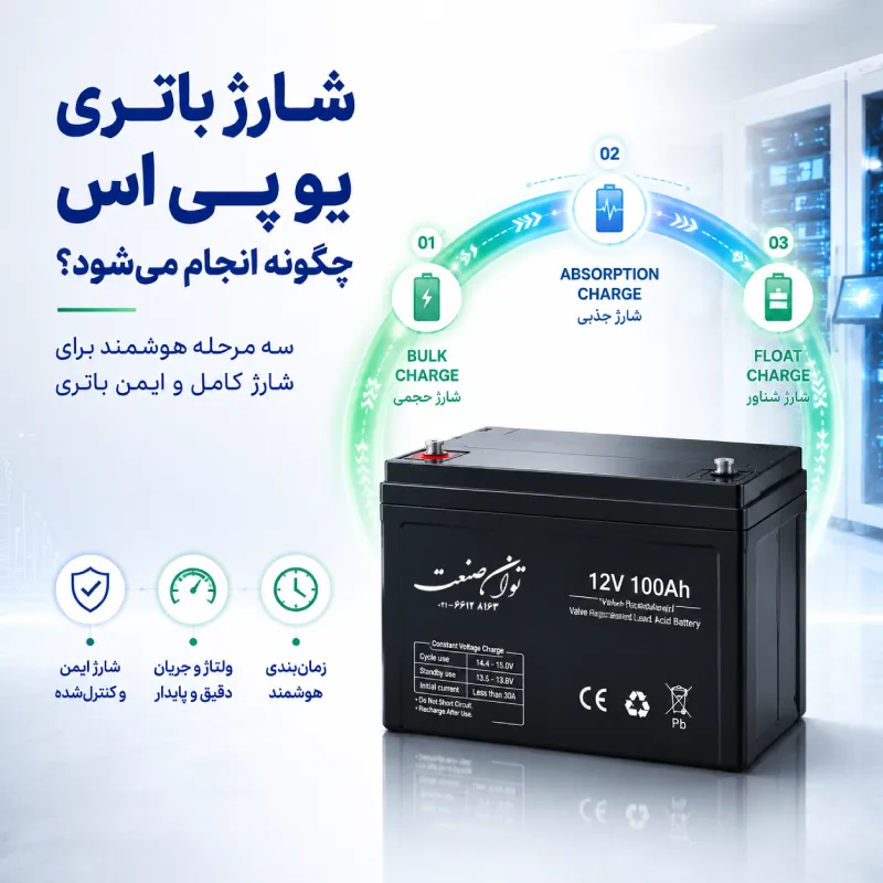 شارژ باتری یو پی اس 2 شارژ باتری یو پی اس با نمایش روش صحیح شارژ، کنترل انرژی و مراحل شارژ ایمن باتری