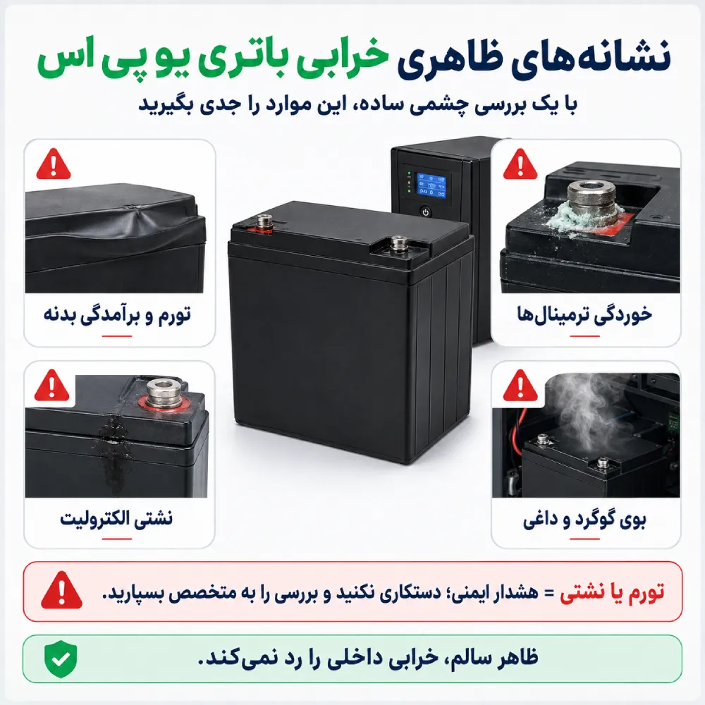 علائم خرابی باتری یو پی اس 3 نشانههای ظاهری خرابی باتری یو پی اس شامل تورم بدنه، خوردگی ترمینالها، نشتی و داغ شدن باتری
