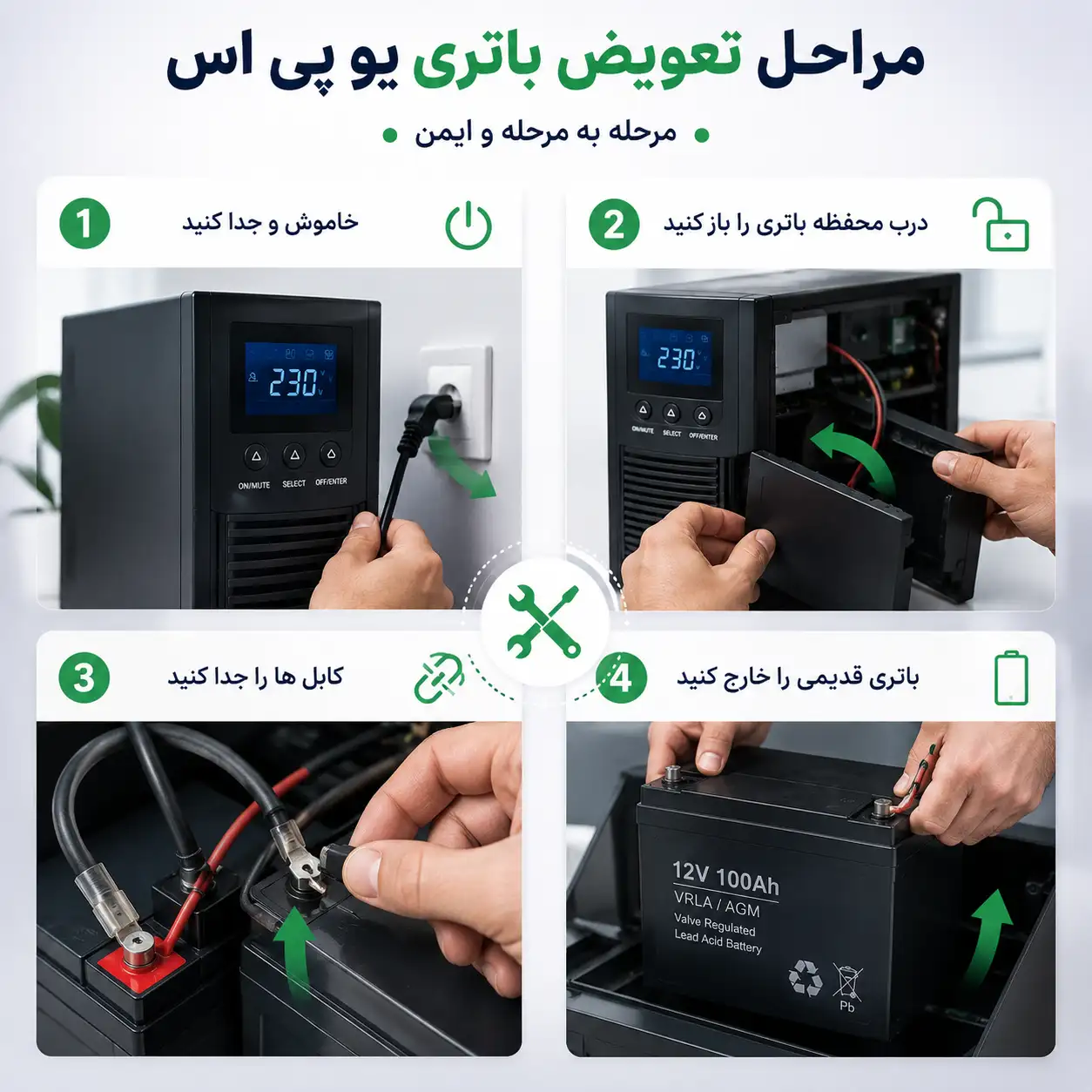 تعویض باتری یو پی اس 18 مراحل باز کردن محفظه باتری و جدا کردن کابل ها هنگام تعویض باتری یو پی اس